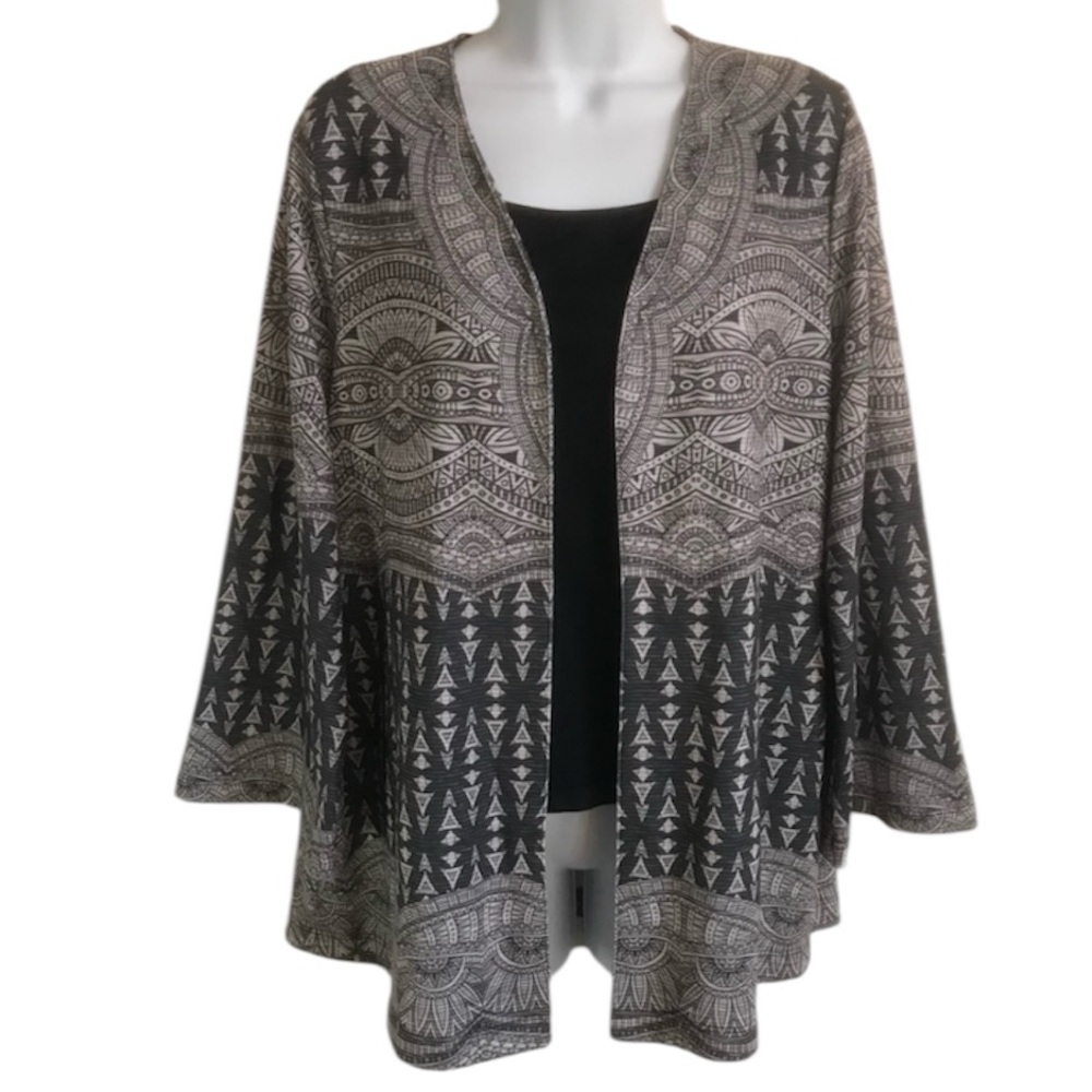 🔴 4/$15 Christopher & Banks Women’s S Black Gray Geo Print Open Cardigan in EUC
